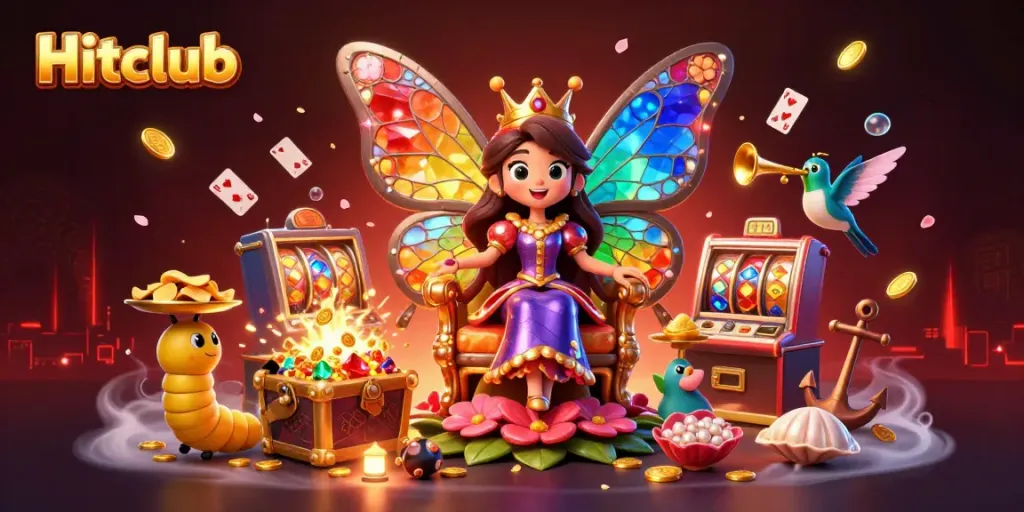 Hitclub's vibrant gaming scene features a butterfly queen surrounded by playful elements and slot games.