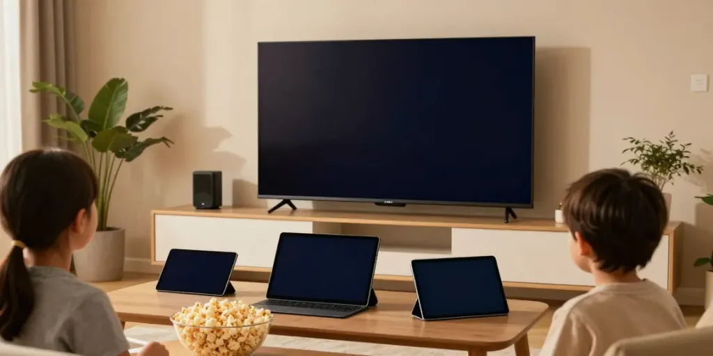 Family enjoying IPTV streaming in a cozy living room with modern decor.