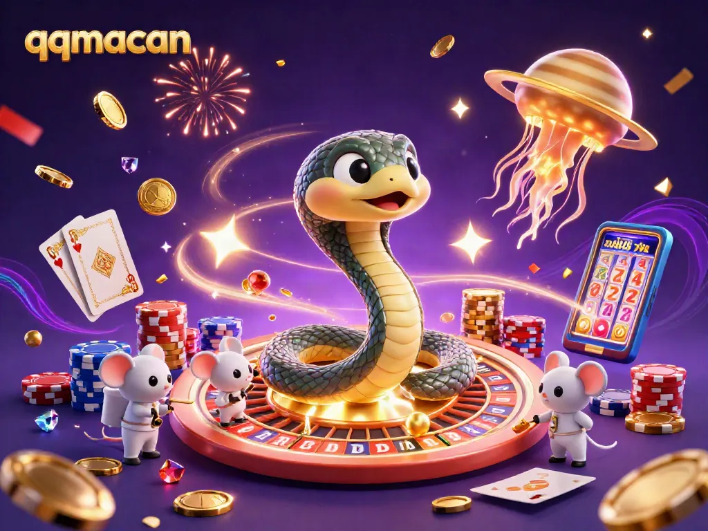 qqmacan players betting as cartoon snake spins roulette with treasure, cosmic dealer oversees thrilling action