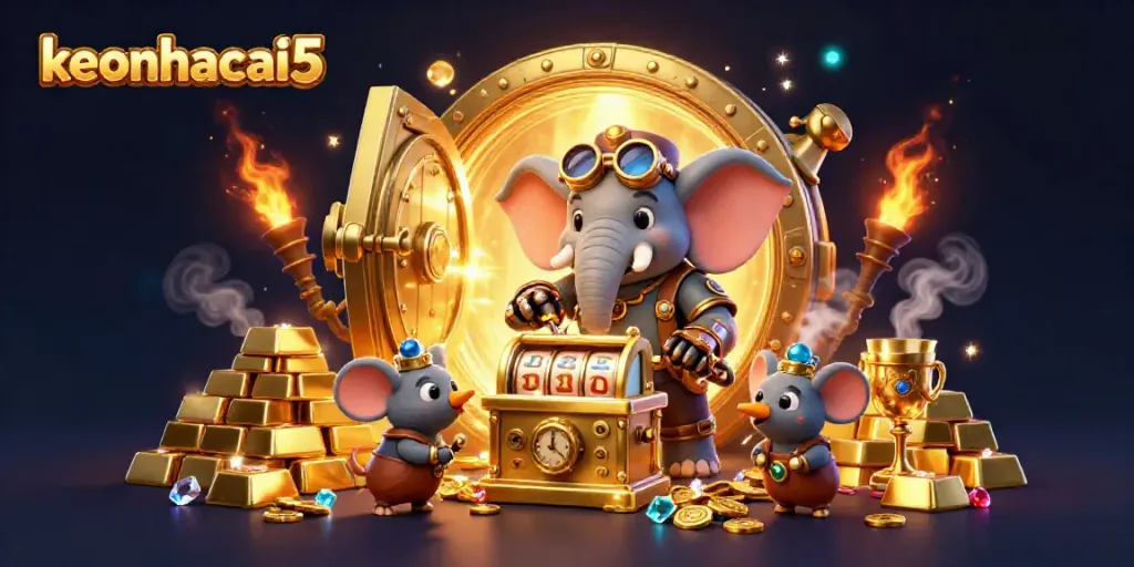 Experience the excitement of keonhacai5 with a steampunk elephant engaging in a slot machine adventure amidst golden treasures.