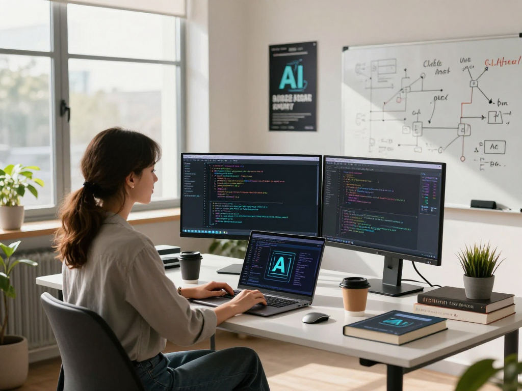 Coder working in a tech workspace with AI architecture and algorithms, exploring slut ai with a modern setup.