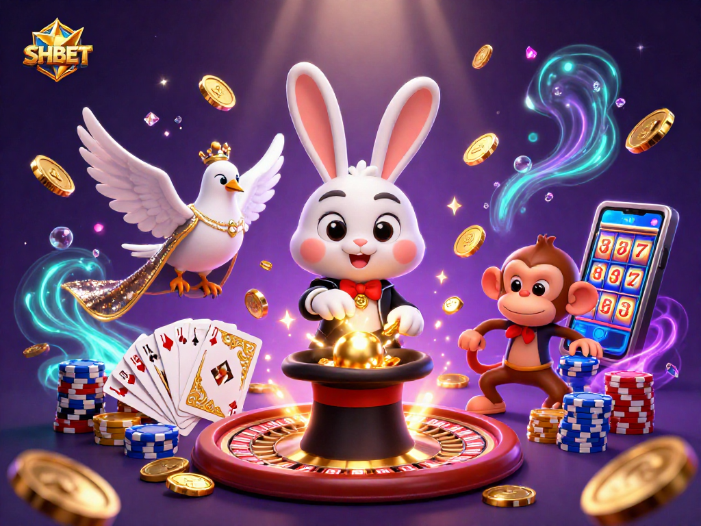 Win big with SHBET's magical scene featuring a rabbit, dove, and monkey amidst casino treasures.