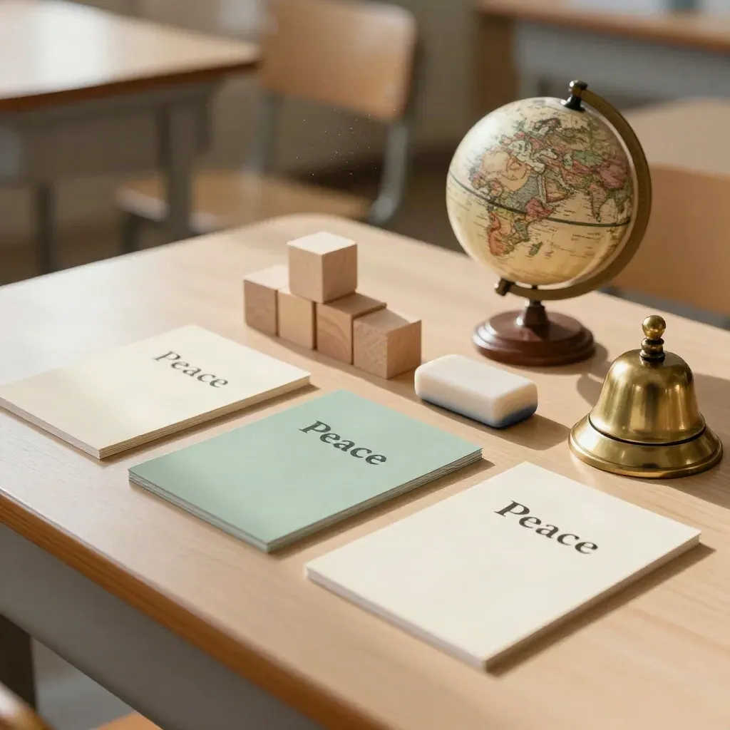 Kit didattico per le scuole con carte colorate, blocchi di legno, globo e campanello su banco chiaro.
