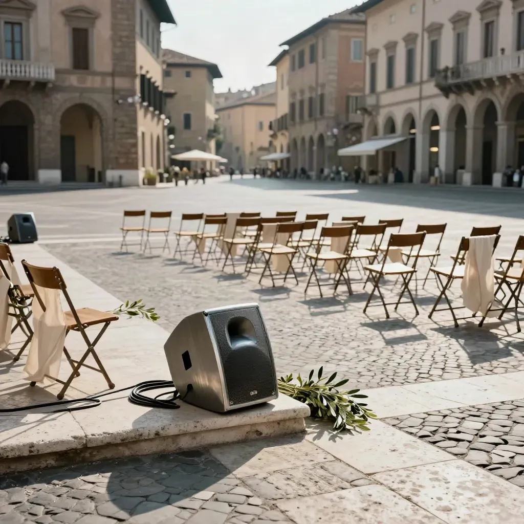 Allestimento di una campagna per la pace in piazza italiana, con pedana, sedute e rami d’ulivo.