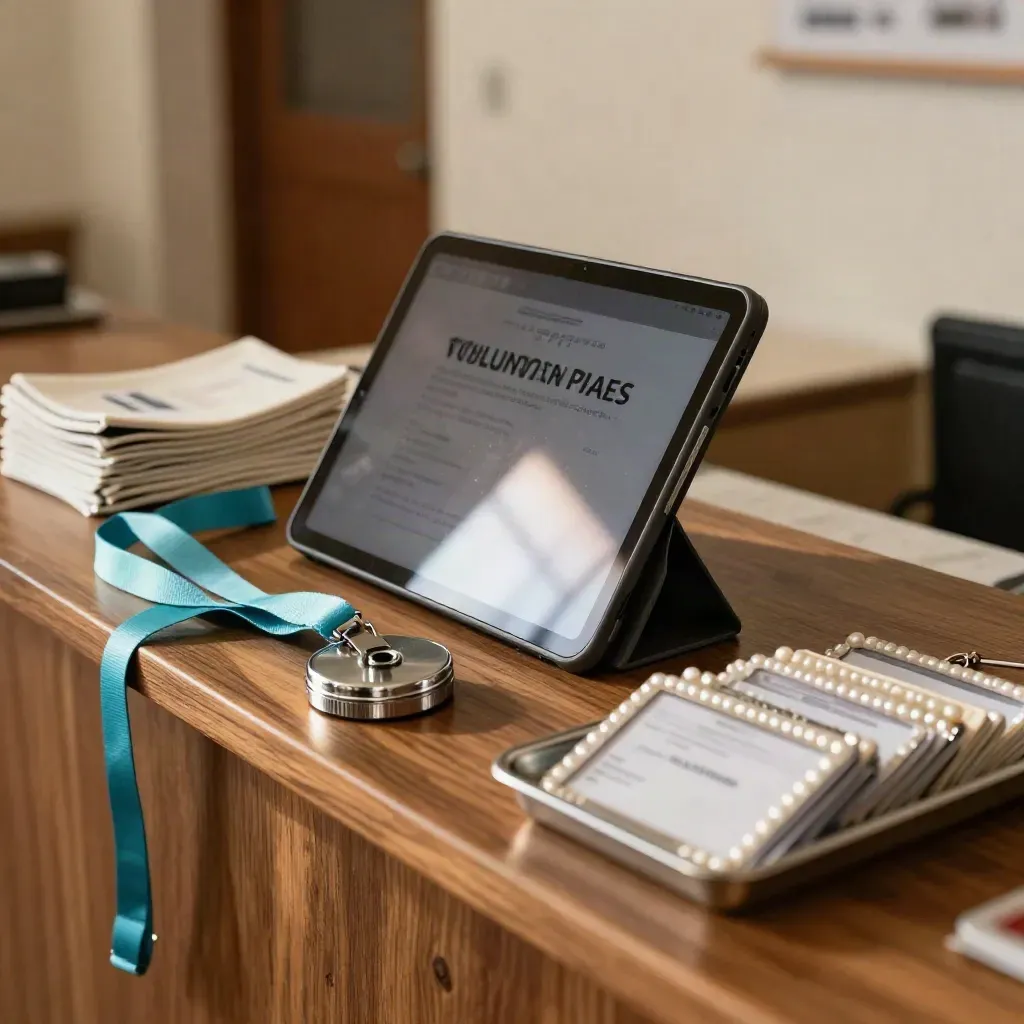 Postazione volontari pronta, con tablet spento, laccetti ripiegati e badge su un banco caldo.
