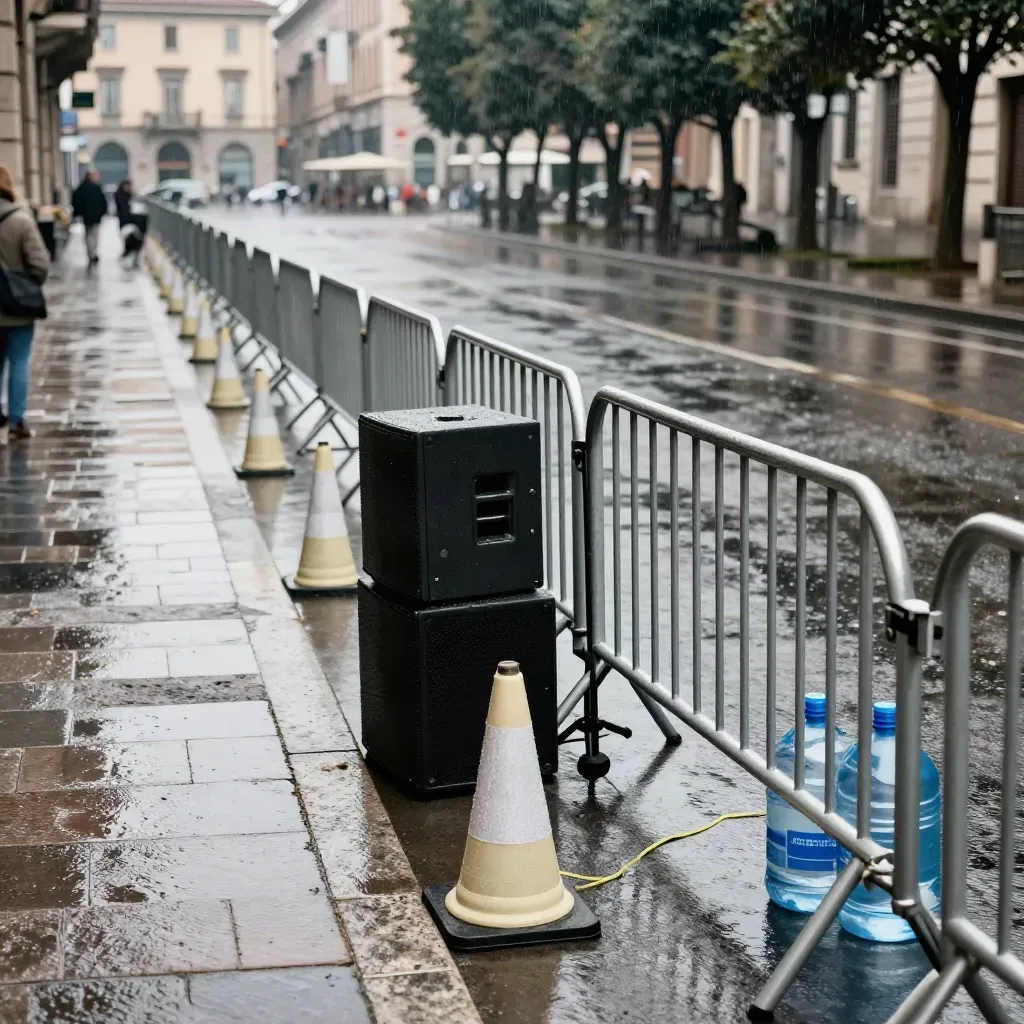 Allestimento per evento pubblico su viale bagnato, transenne, coni e casse verso la piazza.