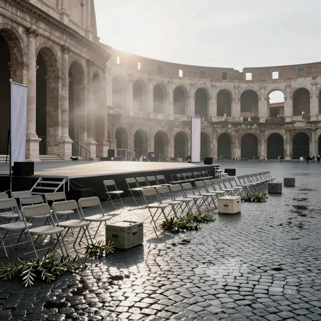 Piazza romana dopo la pioggia con palco vuoto, sedie chiare e luce radente del mattino.