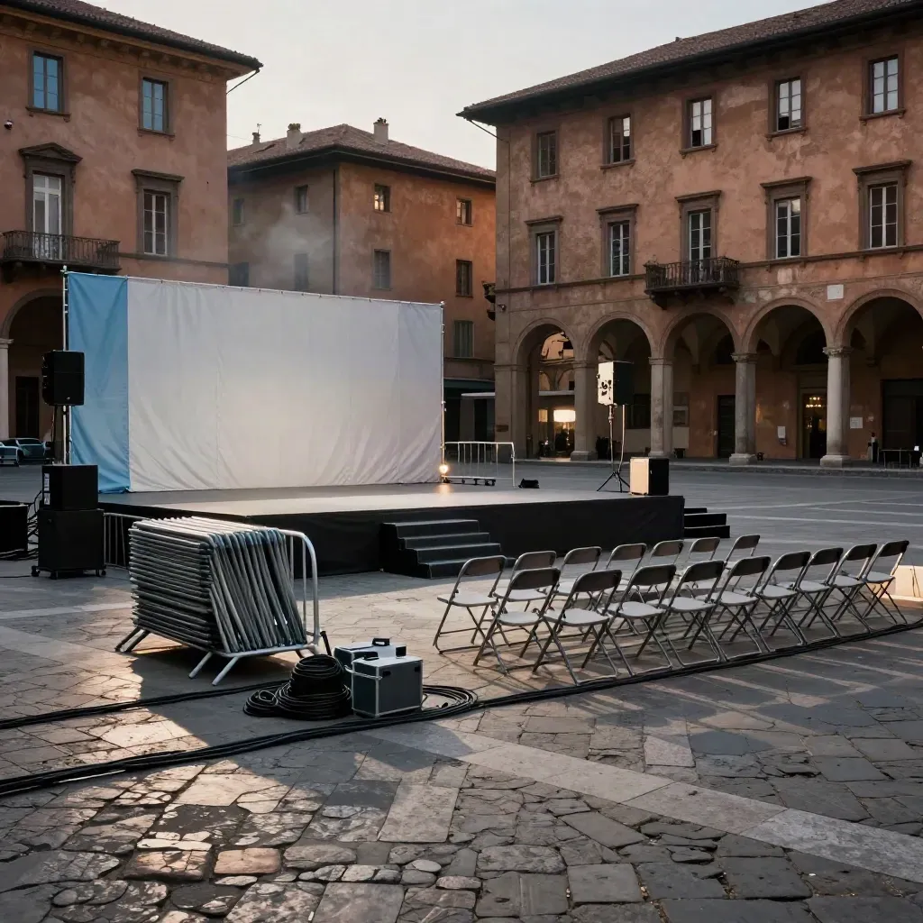 Piazza di Bologna allestita dopo una marcia per il dialogo, con palco, sedie vuote e casse d’acqua.