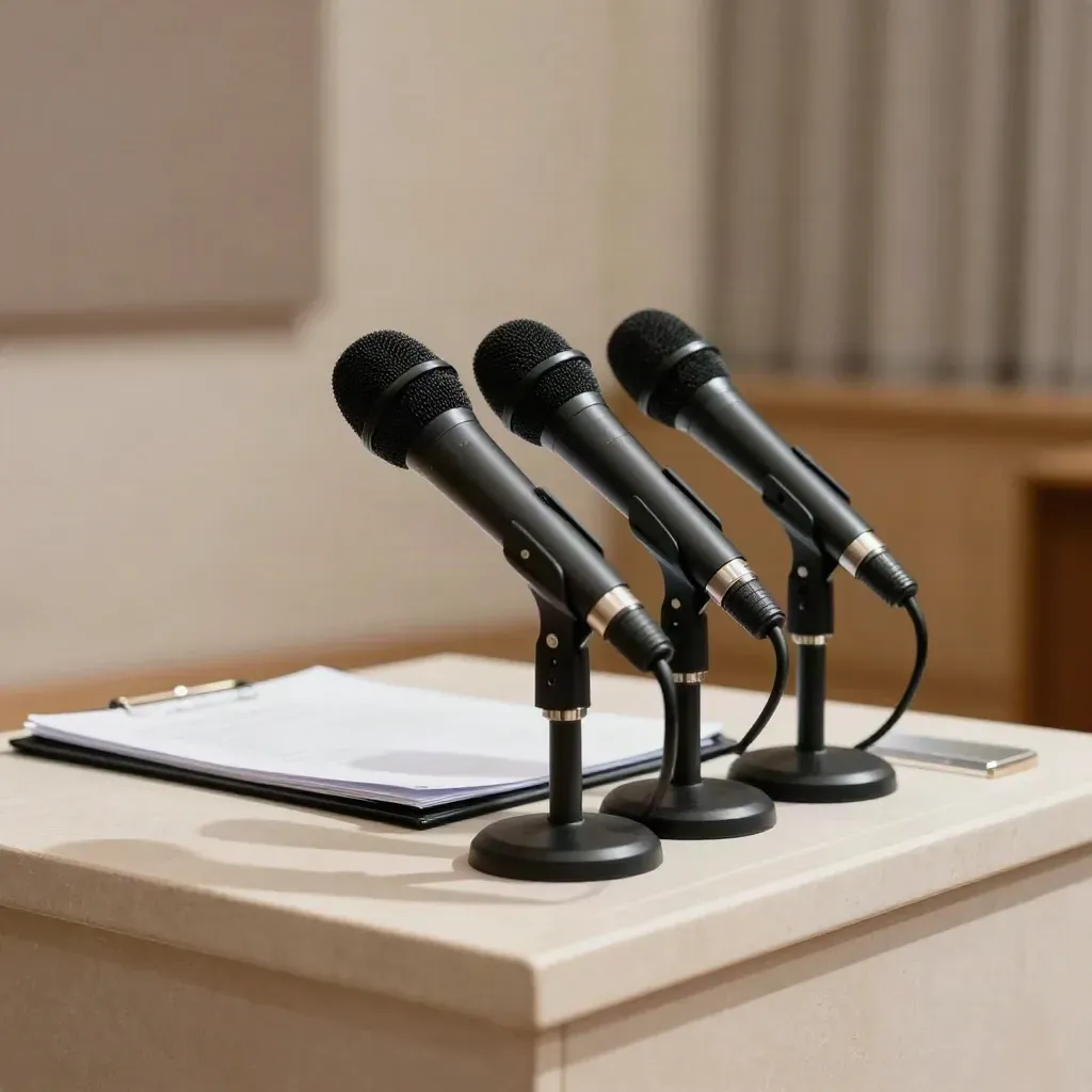 Podio stampa pronto in sala civica, microfoni spenti e cartelle chiuse.