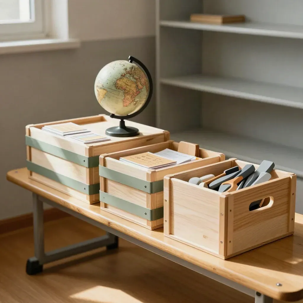 Tre kit pace per scuole di Torino impilati su un banco, luce mattutina e polvere nell'aria.