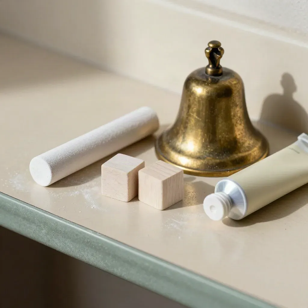 Gesso, campanella, blocchi di legno e tubo poster su ledge di aula consumato