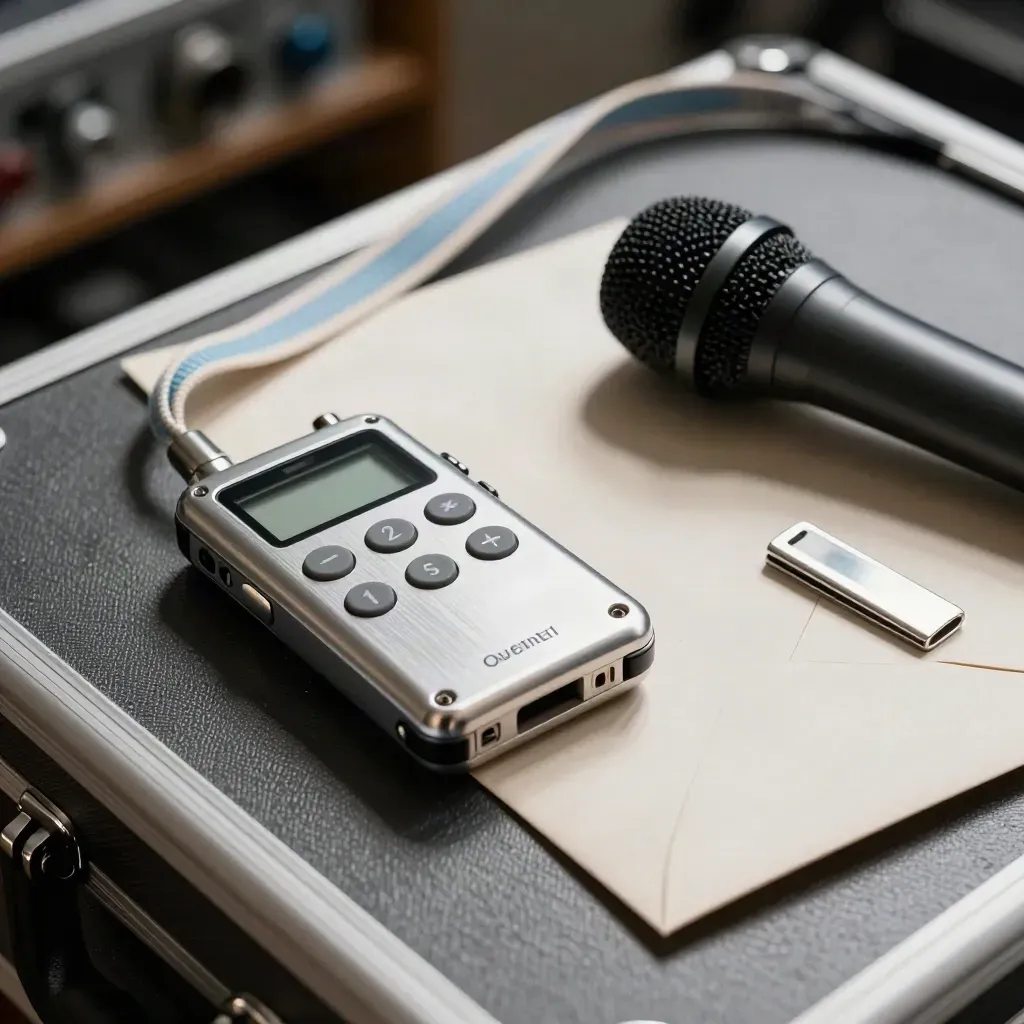 Kit stampa macro con registratore, microfono, lanyard e busta sigillata su superficie grafite