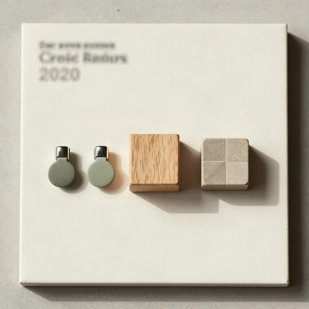 Flatlay con tasselli di legno, fermagli metallici, chip salvia e cubo temporale su pietra chiara.