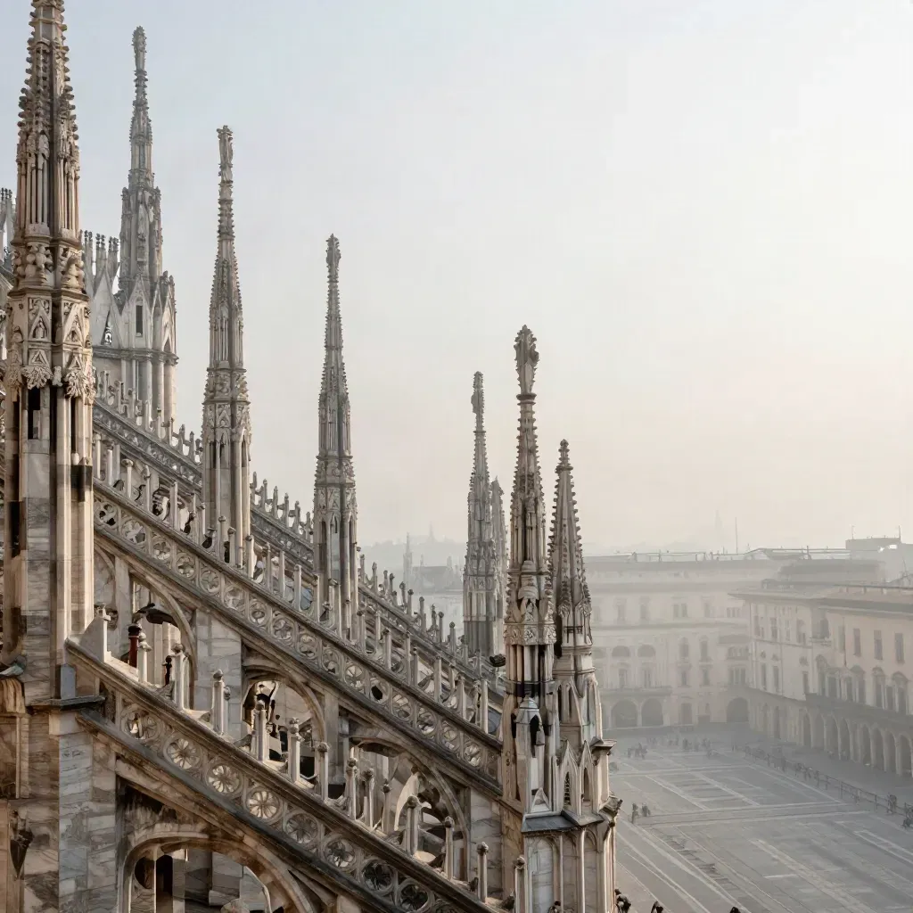 Il Duomo di Milano emerge tra i tetti nella nebbia sopra una piazza pallida.