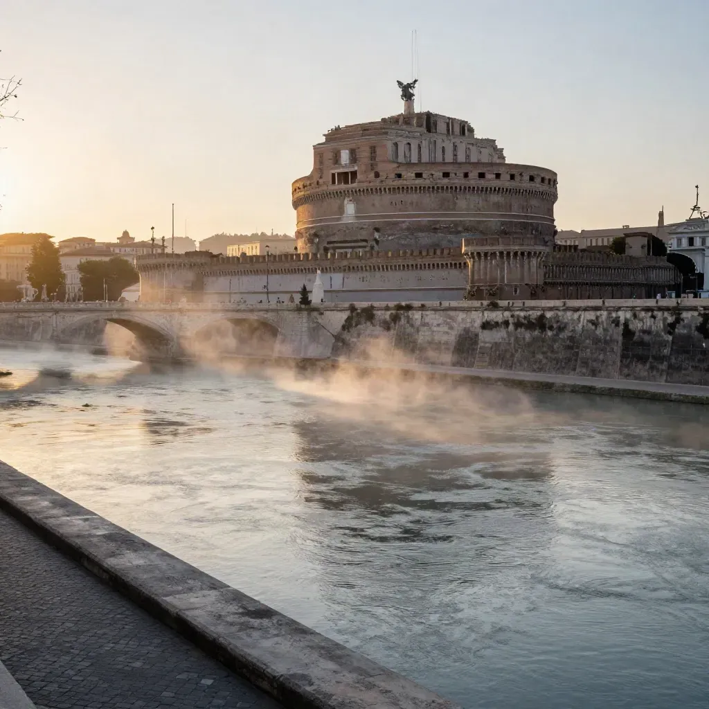 Veduta di Roma sul Tevere con architettura storica immersa nella foschia dorata.