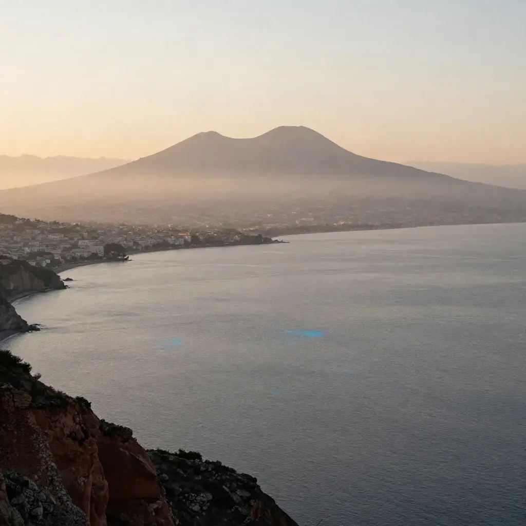 Veduta ampia del golfo di Napoli con il Vesuvio tra foschia marina e luce tarda.
