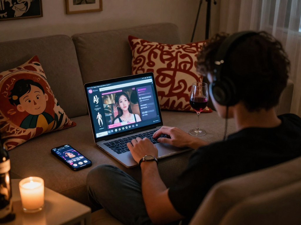 Engaging sex chat ai interface glowing on a laptop in a cozy room, inviting exploration of digital intimacy.