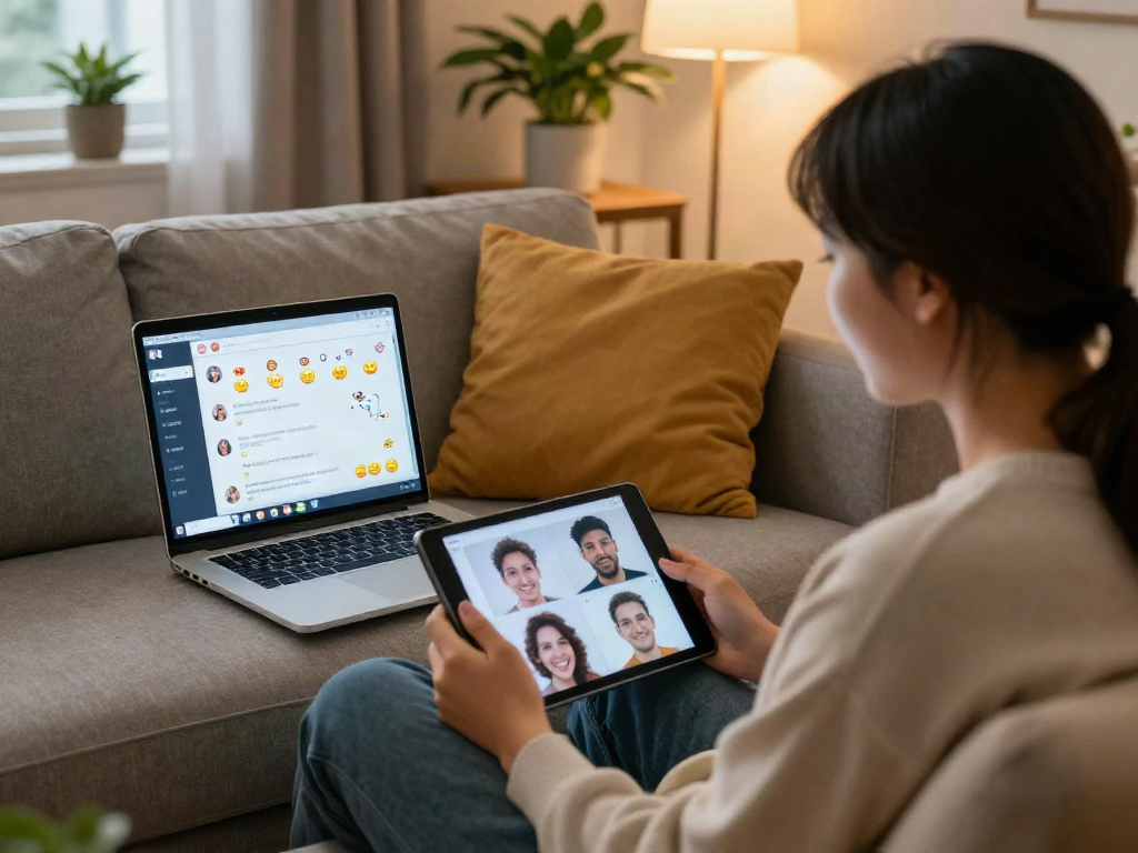 Engaging free ai sex chat scene showcasing cozy virtual interaction between two individuals using laptops and tablets.
