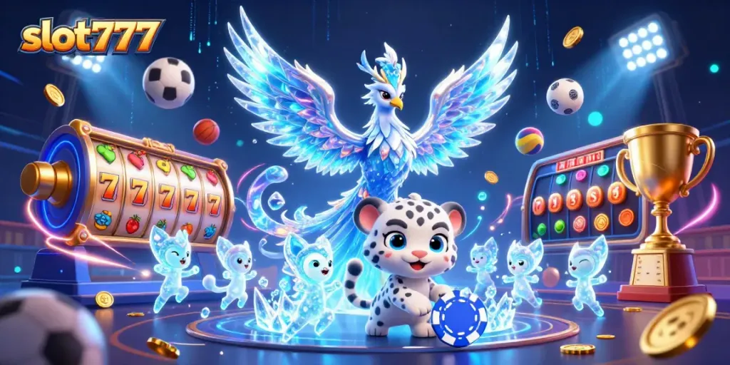 Experience the thrill of slot777 as a snow leopard cub plays with poker chips amid sparkling casino elements.