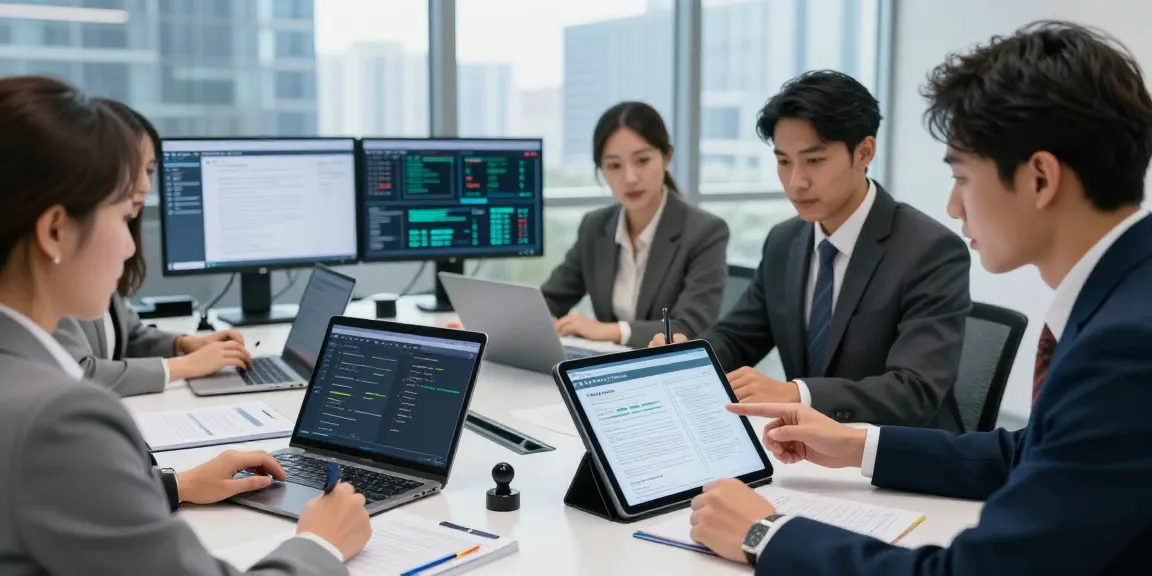 Team collaborating on document fraud detection analysis in a high-tech office setting, showcasing technology and teamwork.