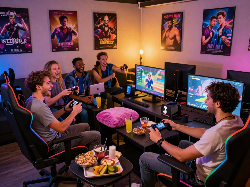 Group of friends enjoying a gay sex game in a cozy gaming lounge, filled with laughter and snacks.