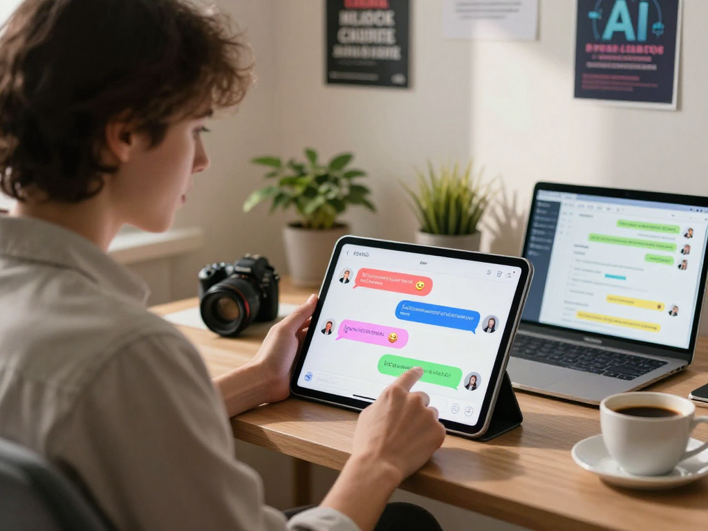 User engaging in spicy AI chat with animated chatbot on tablet in a cozy home office.