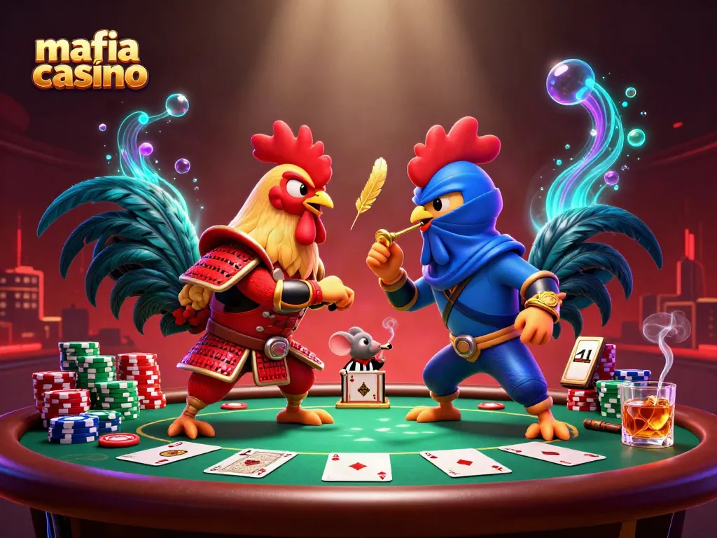 Mafia casino scene with samurai rooster fighting ninja rooster at a poker table, showcasing vibrant casino elements.