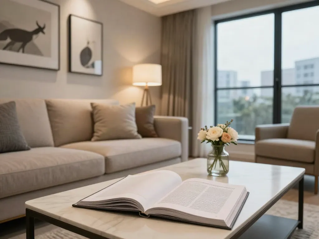 Cozy interior of a stylish discrete apartment showcasing modern decor and inviting atmosphere for discreet stays.