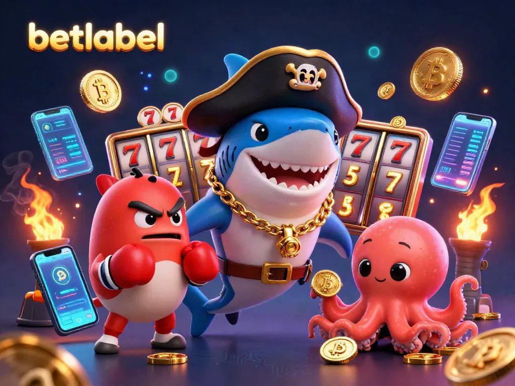 Spin to win at betlabel with a lively casino scene featuring a pirate shark and vibrant game elements.